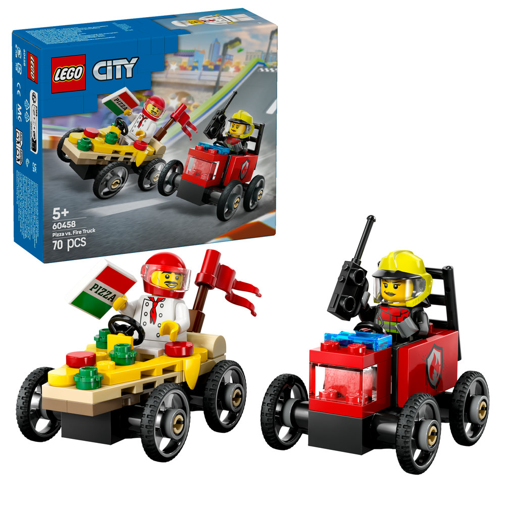 LEGO City Pizza vs. Fire Truck Race Car Pack Toy Soapbox Racing Set 60458 - Image 1