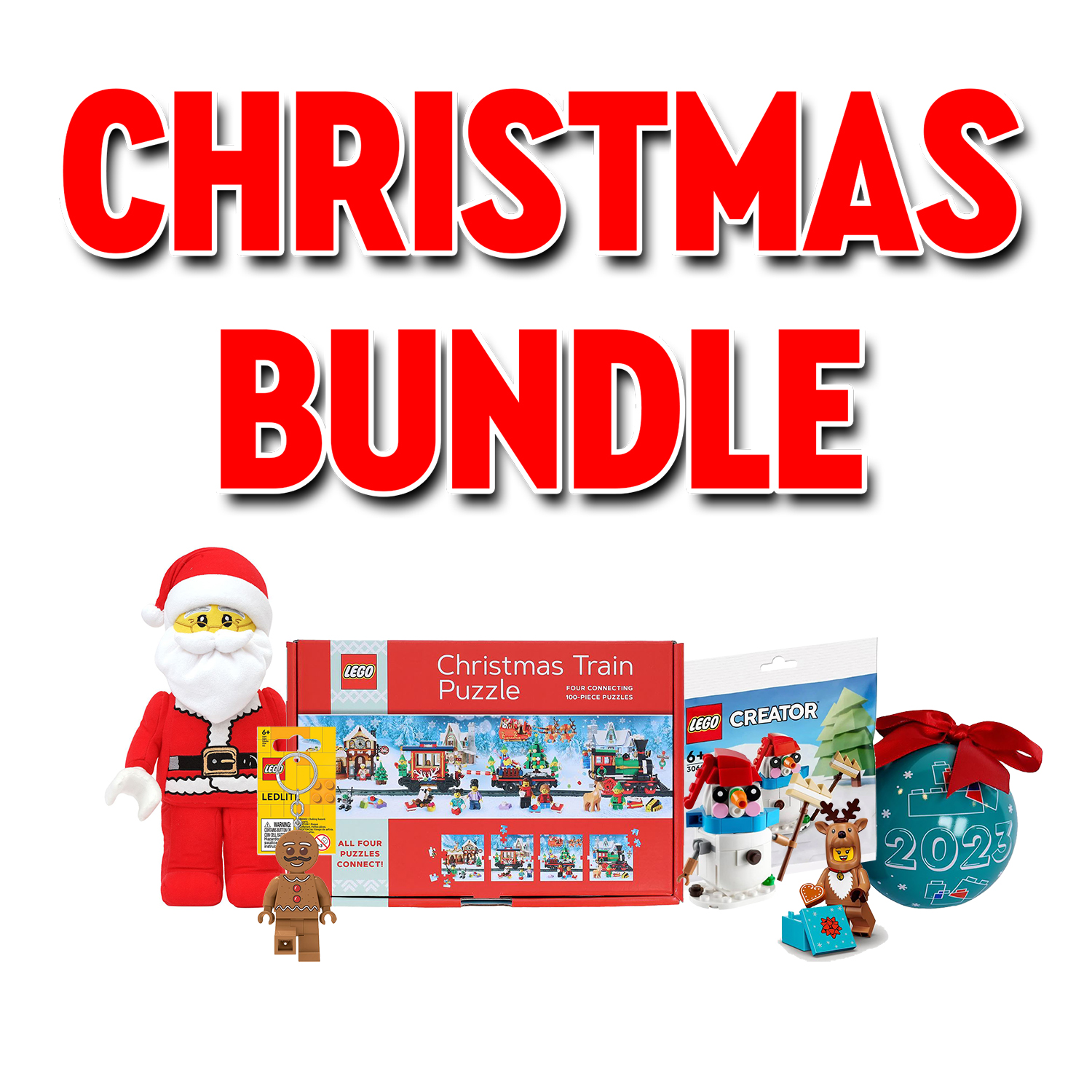 LEGO Christmas Bundle - Includes Santa Plush, Gingerbread Key Light, Christmas Trains Puzzle, Snowman Polybag, Reindeer Minifigure + 2023 Bauble - Image 1