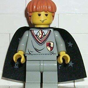 LEGO Harry Potter Ron Weasley MiniFigure, Gryffindor Shield Torso, Black Cape with Stars - Image 1